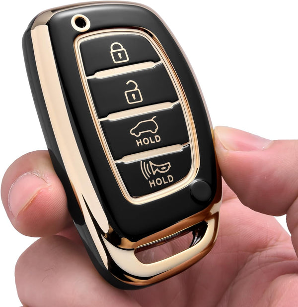 JVCV® Gold Border TPU Key Cover – Compatible with Hyundai Creta, Venue, i20, Tucson, Elantra – 4 Button Smart Key