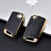 JVCV® Premium Soft Gold Border TPU Leather Pattern Key Cover Compatible with Skoda Kushaq Taigun Octavia Kodiaq Superb Folding Key