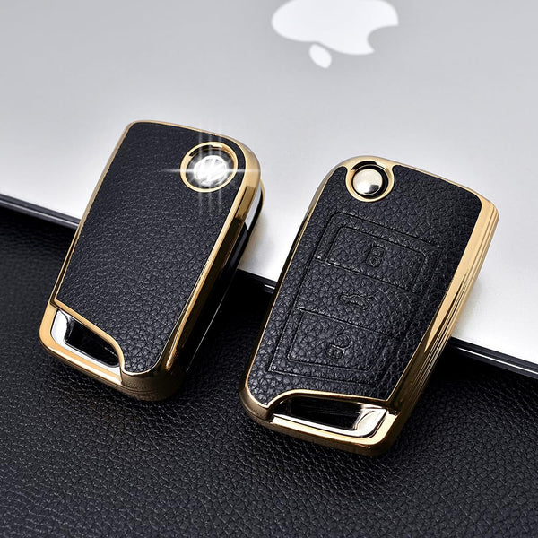 JVCV® Premium Soft Gold Border TPU Leather Pattern Key Cover Compatible with Skoda Kushaq Taigun Octavia Kodiaq Superb Folding Key