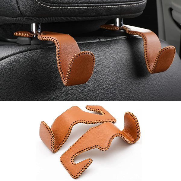 JVCV® Leather Car Headrest Hooks for Back Seat Organizer – Heavy-Duty Bag & Purse Hanger Hooks for Cars, SUVs, Trucks – Pack of 2 (Universal Fit, Premium Metal Core)