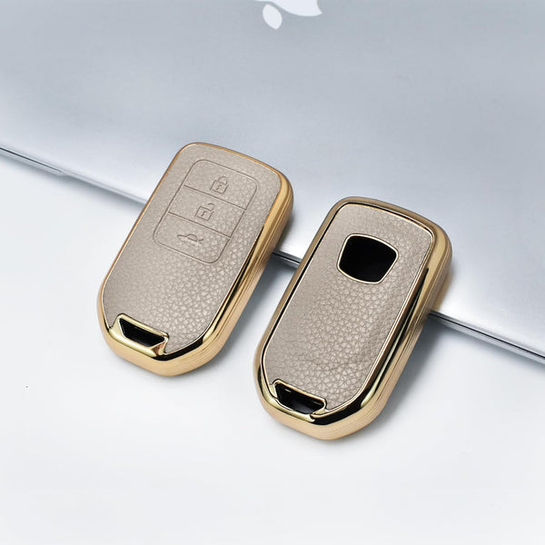 JVCV® Premium Soft Gold Border TPU Leather Pattern Key Cover Compatible with Honda City, Elevate, Civic, Jazz, Amaze, CR-V, WR-V, BR-V 3/4 Button Push Button Start Smart Key