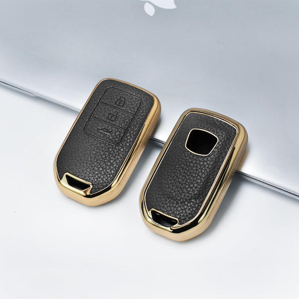 JVCV® Premium Soft Gold Border TPU Leather Pattern Key Cover Compatible with Honda City, Elevate, Civic, Jazz, Amaze, CR-V, WR-V, BR-V 3/4 Button Push Button Start Smart Key