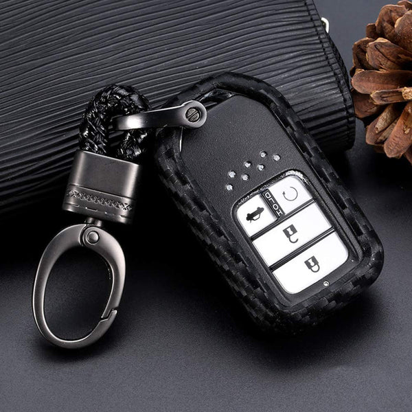 Car Styling Soft Carbon Fiber Pattern Key Cover Compatible With Honda Push Button Start Smart Key With Keychain, Black