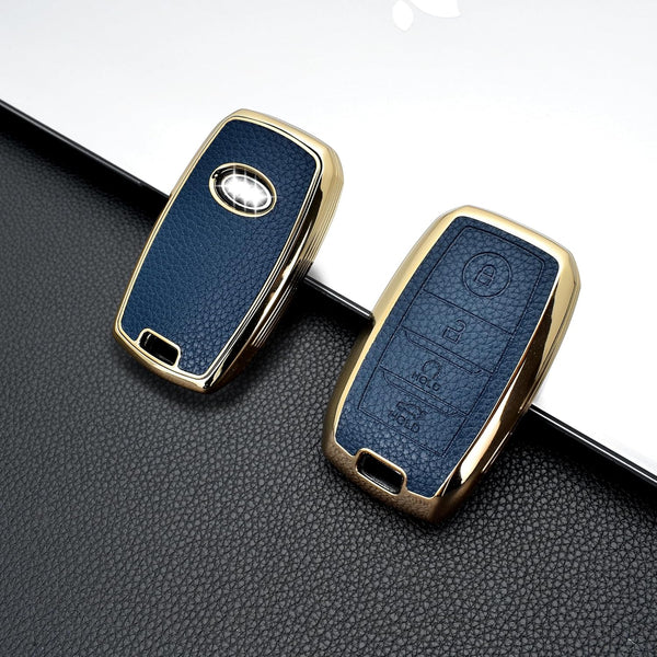 JVCV® Premium Soft Gold Border TPU Leather Pattern Key Cover Compatible with Kia Seltos Sonet Carens 4 Button Smart Key