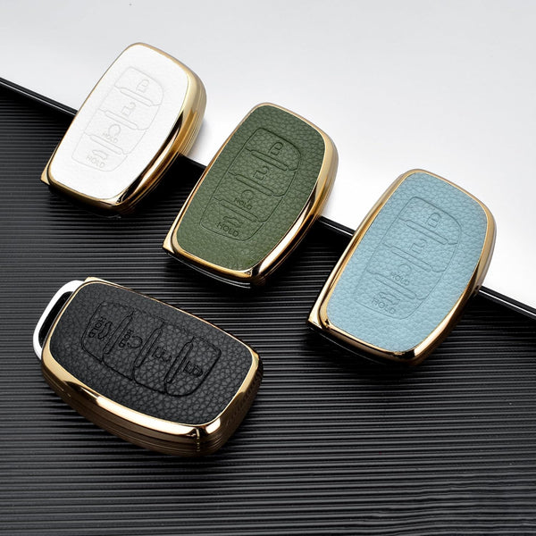 JVCV® Premium Soft Gold Border TPU Leather Pattern Key Cover Compatible with New Hyundai Alcazar and Creta 4 Button Smart Key