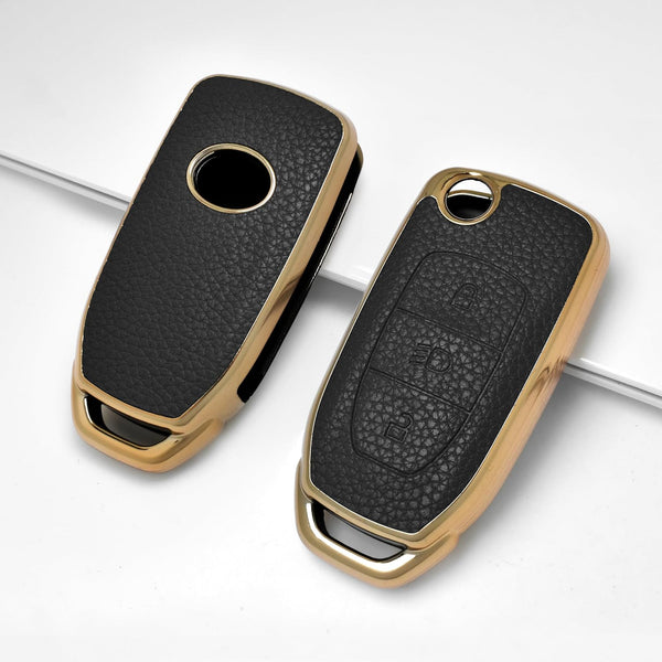 JVCV® Premium Soft Gold Border TPU Leather Pattern Key Cover Compatible with Tata Curvv Tiago Tigor Punch Nexon Zest Bolt Safari Storme Flip Key