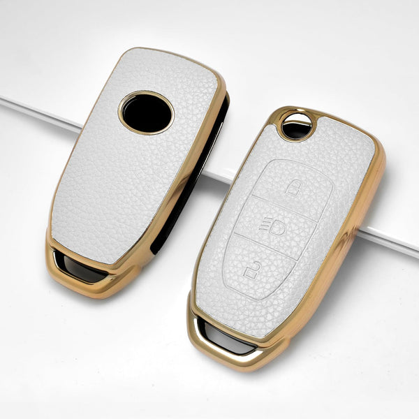 JVCV® Premium Soft Gold Border TPU Leather Pattern Key Cover Compatible with Tata Curvv Tiago Tigor Punch Nexon Zest Bolt Safari Storme Flip Key