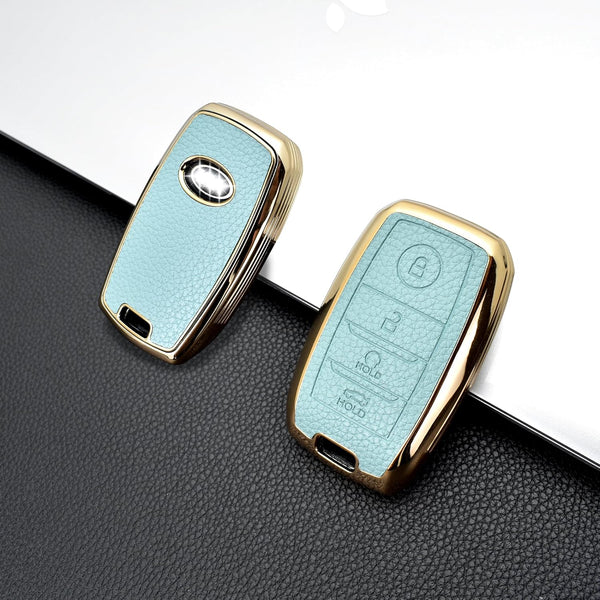 JVCV® Premium Soft Gold Border TPU Leather Pattern Key Cover Compatible with Kia Seltos Sonet Carens 4 Button Smart Key