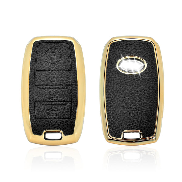 JVCV® Premium Soft Gold Border TPU Leather Pattern Key Cover Compatible with Kia Seltos Sonet Carens 4 Button Smart Key
