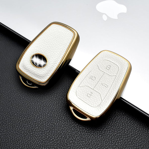 JVCV® Premium Soft Gold Border TPU Leather Pattern Key Cover Compatible with Tata Nexon, Harrier, Tiago EV, Altroz, Tigor, Safari, Nexon EV, Punch, Punch EV 4 Button Smart Key