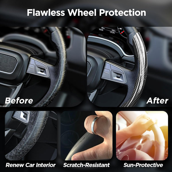 JVCV® 2‑Piece High‑Gloss Carbon Fiber Texture Steering Wheel Cover – Universal Fit (14.5–16″) + Anti‑Slip Grip Pads