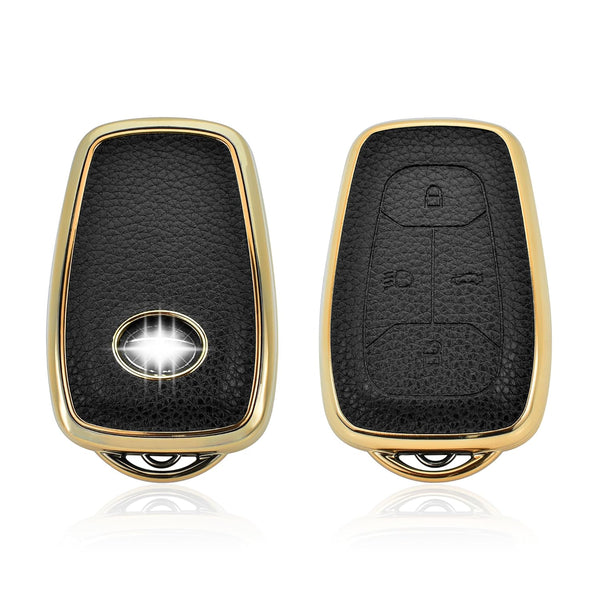 JVCV® Premium Soft Gold Border TPU Leather Pattern Key Cover Compatible with Tata Nexon, Harrier, Tiago EV, Altroz, Tigor, Safari, Nexon EV, Punch, Punch EV 4 Button Smart Key