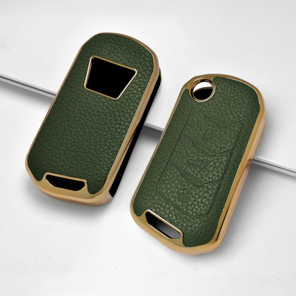 JVCV® Premium Soft Gold Border TPU Leather Pattern Key Cover Compatible with Mahindra XUV 700, 3XO, Thar, Marazzo, Bolero, Scorpio, Scorpio N, XUV 300, XUV 400 EV Thar Roxx 3 Button flip Key