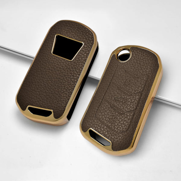 JVCV® Premium Soft Gold Border TPU Leather Pattern Key Cover Compatible with Mahindra XUV 700, 3XO, Thar, Marazzo, Bolero, Scorpio, Scorpio N, XUV 300, XUV 400 EV Thar Roxx 3 Button flip Key