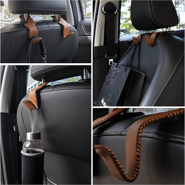 JVCV® Leather Car Headrest Hooks for Back Seat Organizer – Heavy-Duty Bag & Purse Hanger Hooks for Cars, SUVs, Trucks – Pack of 2 (Universal Fit, Premium Metal Core)
