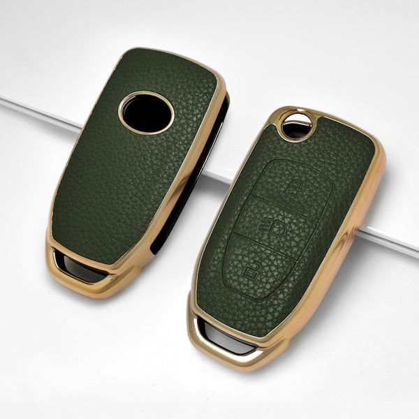 JVCV® Premium Soft Gold Border TPU Leather Pattern Key Cover Compatible with Tata Curvv Tiago Tigor Punch Nexon Zest Bolt Safari Storme Flip Key