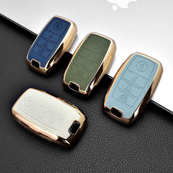 JVCV® Premium Soft Gold Border TPU Leather Pattern Key Cover Compatible with Kia Seltos Sonet Carens 4 Button Smart Key