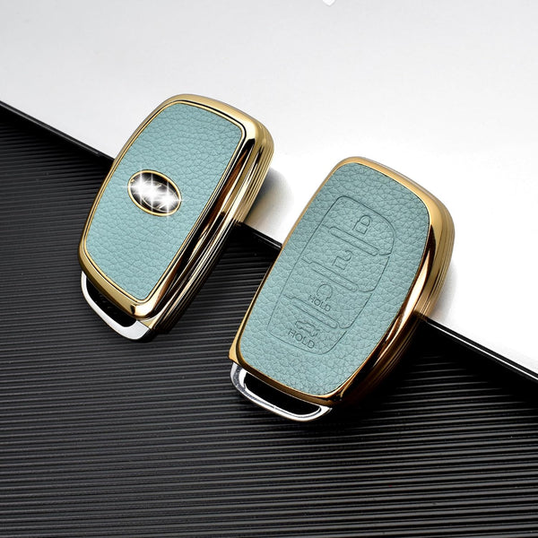 JVCV® Premium Soft Gold Border TPU Leather Pattern Key Cover Compatible with New Hyundai Alcazar and Creta 4 Button Smart Key