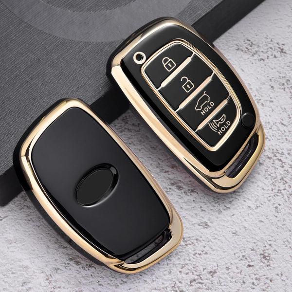 JVCV® Gold Border TPU Key Cover – Compatible with Hyundai Creta, Venue, i20, Tucson, Elantra – 4 Button Smart Key