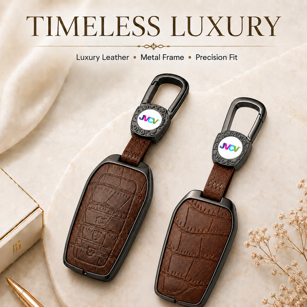 JVCV® Premium Metal & Leather Key Cover – Compatible with Toyota Fortuner, Camry, Hilux, Innova Crysta, Fortuner Legender, Innova HyCross & Land Cruiser – 3 Button Smart Key