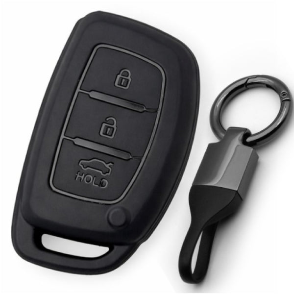 JVCV® Soft TPU Key Cover with Premium Metal Keychain – Matte Black Pattern – Compatible with Hyundai Creta, i10, Grand i20, Elite i20, i20 Active, Verna 4S, Tucson, Elantra & Grand i10 Nios – 3 Button Smart Key