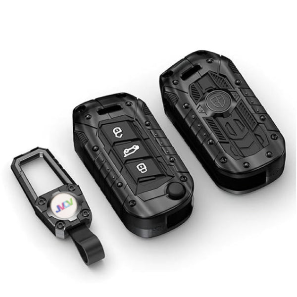 JVCV® Rugged Armor Metal Key Cover – Black Finish – Compatible with Mahindra XUV700, 3XO, Thar, Marazzo, Bolero, Scorpio N, XUV300, TUV300 Plus & XUV400 EV – 3 Button Flip Key