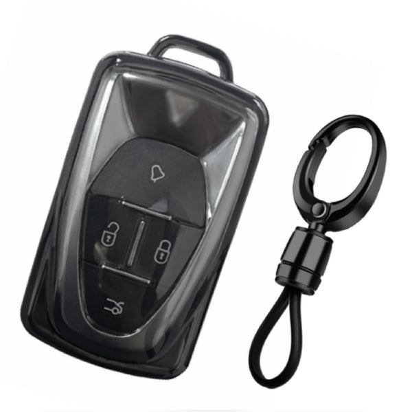 JVCV® Soft TPU Transparent Black Key Cover with Premium Metal Keychain – Compatible with VinFast VF6 & VF7 – 4 Button Smart Key