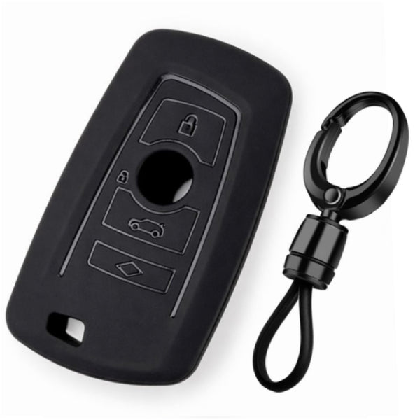 JVCV® Soft TPU Key Cover with Premium Metal Keychain – Matte Black Finish – Compatible with BMW X4, X3, 5 Series, 6 Series, 3 Series & 7 Series 4 Button Smart Key