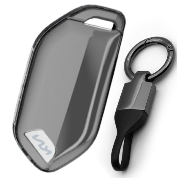 JVCV® Soft TPU Transparent Key Cover with Premium Metal Keychain – Transparent Black – Compatible with Kia Seltos 2026, Syros, EV6 & EV9 – 4 Button Smart Key