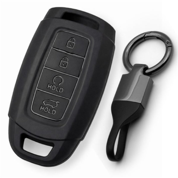 JVCV® Soft TPU Matte Black Key Cover with Premium Metal Keychain – Compatible with Hyundai Verna & i20 N Line – 4 Button Smart Key