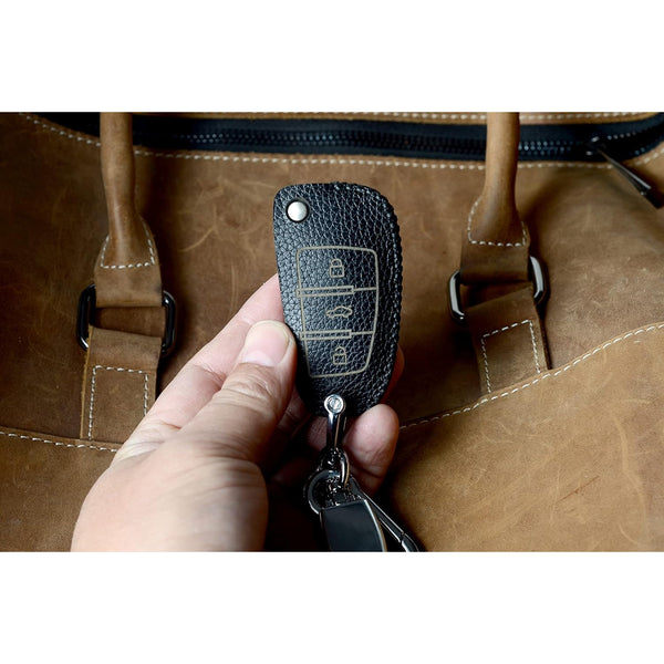 JVCV® Soft Handmade Lychee Pattern Leather Key Cover Compatible with Audi A1 A3 A6 Q2 Q3 Q7 TT TTS R8 S3 S6 RS3 Folding Key