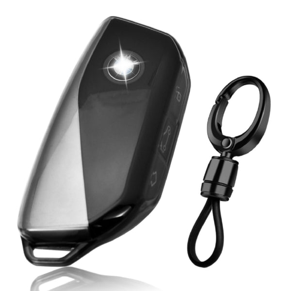 JVCV® Soft TPU Transparent Key Cover with Premium Metal Keychain – Transparent Black – Compatible with BMW 2023 New 7 Series 740i 760i X1 X7 XM iX i7 X5 Smart Key