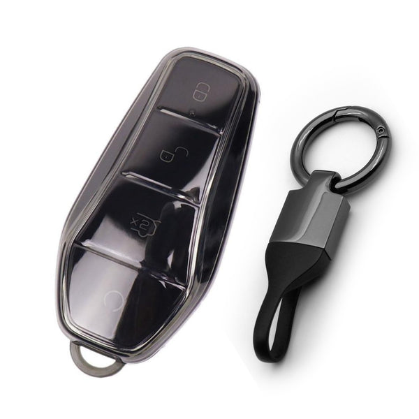 JVCV® Soft TPU Transparent Black Key Cover with Premium Metal Keychain – Compatible with BYD Atto 3, Seal, Sealion & eMax7 Smart Key