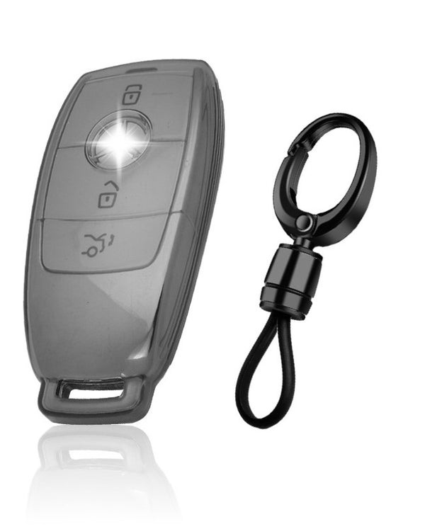 JVCV® Soft TPU Transparent Cover with keychain – Mercedes-Benz E-Class Smart Key (Transparent Black)
