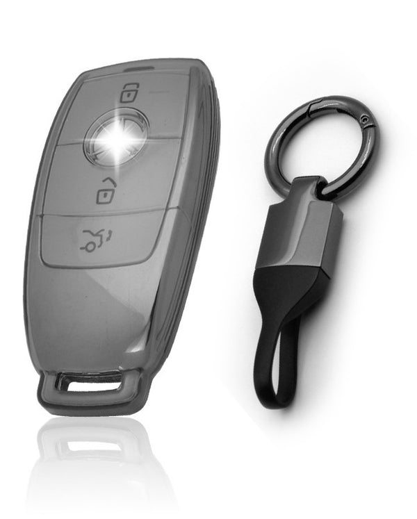 JVCV® Soft TPU Transparent Cover with keychain – Mercedes-Benz E-Class Smart Key (Transparent Black)