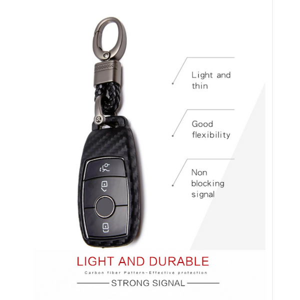 Car Styling Soft Carbon Fiber Pattern Key Cover Compatible with Benz E-Series Smart Key with Keychain