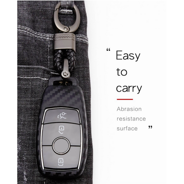Car Styling Soft Carbon Fiber Pattern Key Cover Compatible with Benz E-Series Smart Key with Keychain