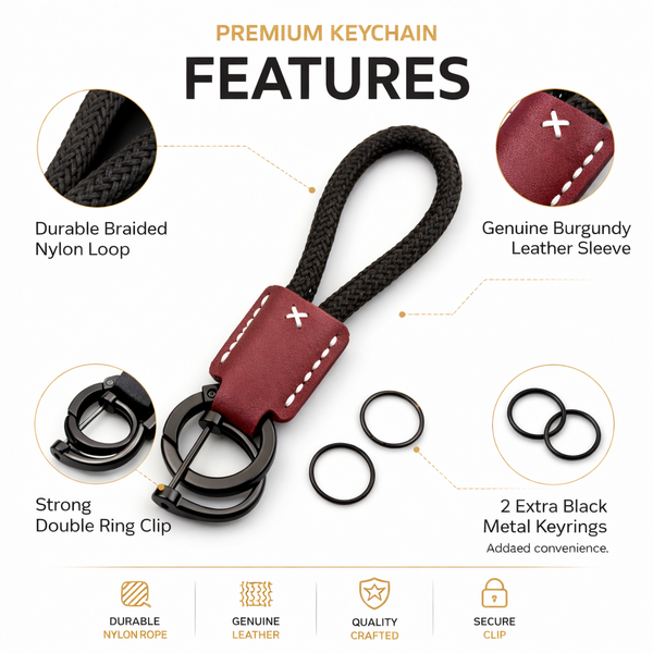 JVCV® Premium Braided Keychain with Leather Accent – Durable Car Key Holder Loop | Stylish Everyday Carry Keyring