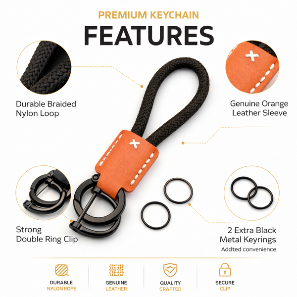 JVCV® Premium Braided Keychain with Leather Accent – Durable Car Key Holder Loop | Stylish Everyday Carry Keyring