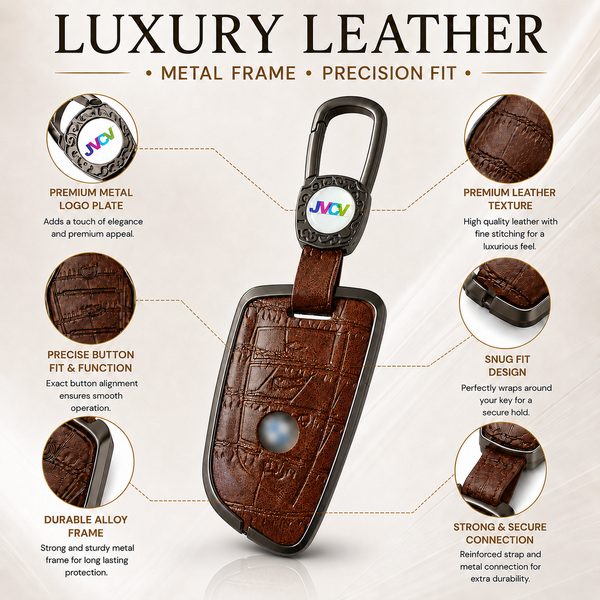 JVCV® Premium Metal & Leather Key Cover – Compatible with BMW X1, X3, X5, X6, 5 Series, 6 Series & 7 Series – 4 Button Blade Smart Key | Luxury Protective Key Case