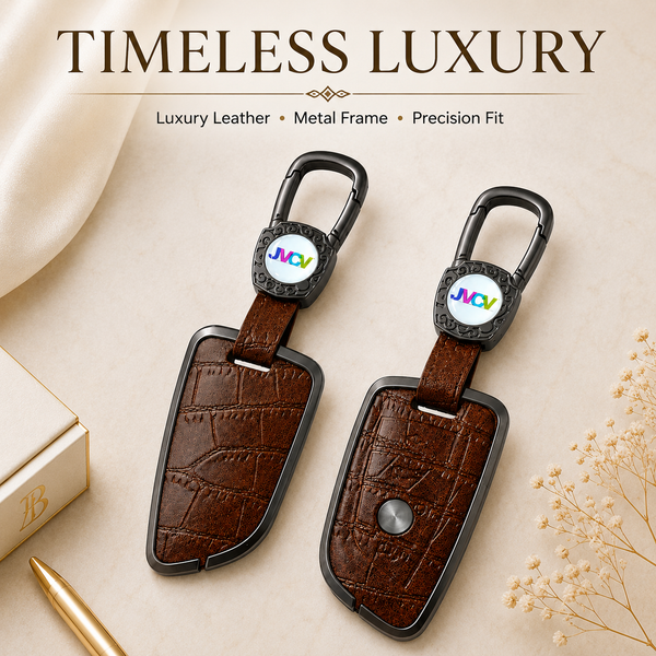 JVCV® Premium Metal & Leather Key Cover – Compatible with BMW X1, X3, X5, X6, 5 Series, 6 Series & 7 Series – 4 Button Blade Smart Key | Luxury Protective Key Case