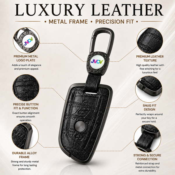 JVCV® Premium Metal & Leather Key Cover – Compatible with BMW X1, X3, X5, X6, 5 Series, 6 Series & 7 Series – 4 Button Blade Smart Key | Luxury Protective Key Case