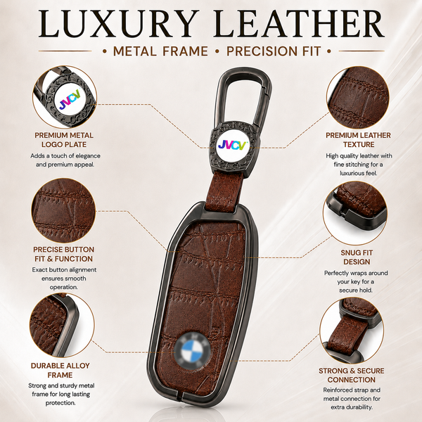 JVCV® Premium Metal & Leather Key Cover Compatible with BMW New 7 Series 740i, 760i, X1, X5, X7, XM, iX & i7 Smart Key | Luxury Protective Key Case