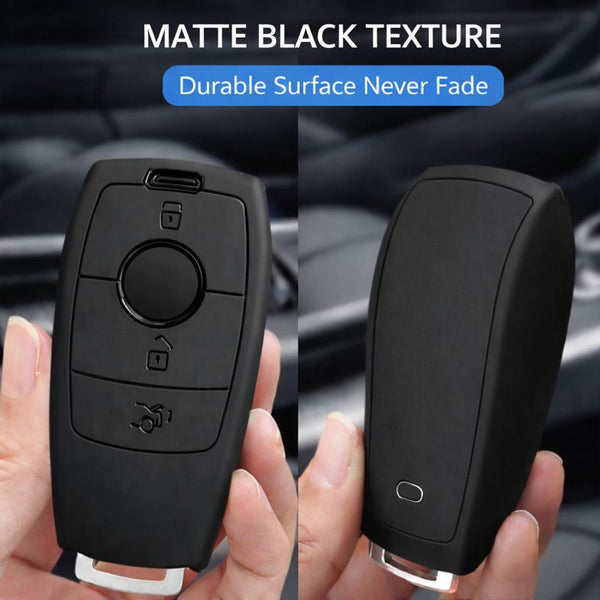 JVCV® Soft TPU Key Cover with Premium Metal Keychain – Matte Black Pattern – Compatible with Benz E Series Smart Key