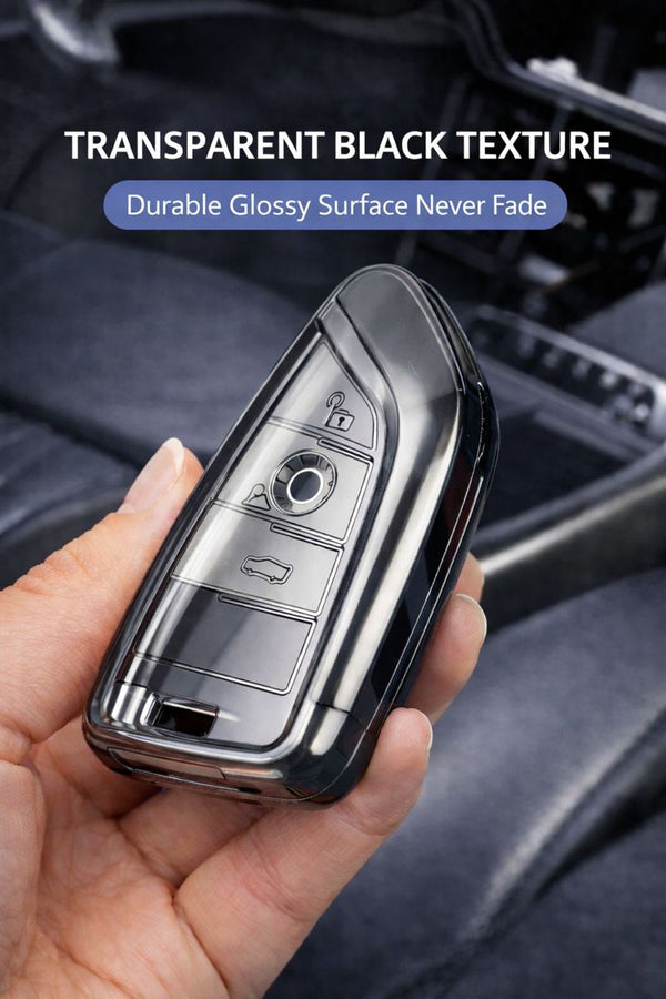 JVCV® Soft TPU Key Cover – Combo Pack (Matte Black + Transparent Black) – Compatible with BMW X1, X3, X5, X6, 5 Series, 6 Series & 7 Series – 4 Button Blade Smart Key