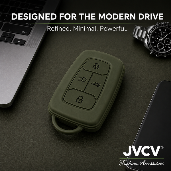 JVCV® Soft TPU Key Cover with Premium Metal Keychain – Military Green Matte Finish – Compatible with Tata Nexon EV, Harrier, Tiago EV, Altroz, Tigor, Safari & Punch – 4 Button Smart Key