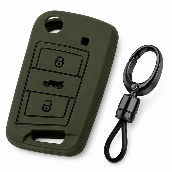 JVCV® Soft TPU Key Cover with Premium Metal Keychain – Military Green Matte Finish – Compatible with Skoda Kushaq, Volkswagen Taigun, Tiguan, Virtus, Skoda Octavia, Kodiaq & Superb Folding Key