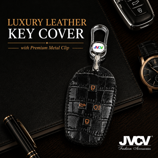 JVCV® Handmade Leather Crocodile Pattern Key Cover – Compatible with Tata Nexon, Harrier, Safari, Punch, Altroz & More – 4 Button Smart Key