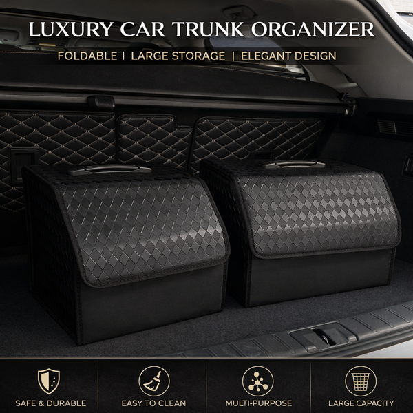 JVCV® Stylish Embossed PU Leather Car Trunk Organizer – Foldable Multipurpose Car Boot Storage Box with Handle