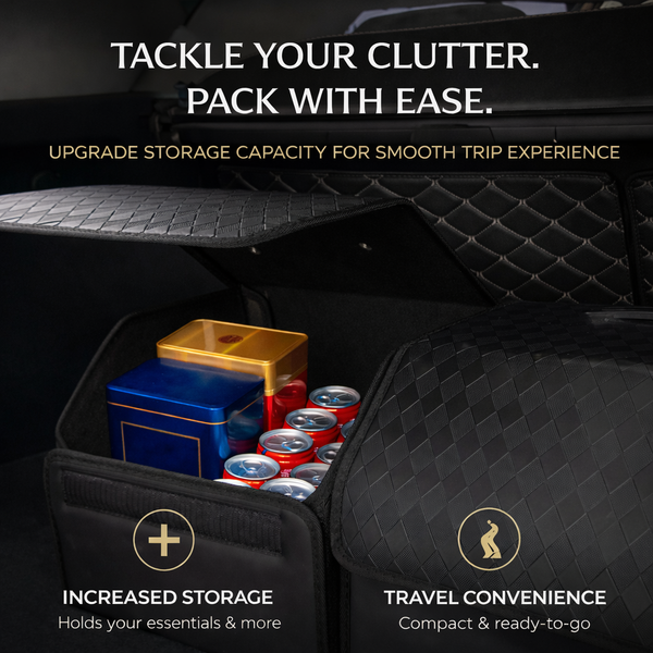 JVCV® Stylish Embossed PU Leather Car Trunk Organizer – Foldable Multipurpose Car Boot Storage Box with Handle